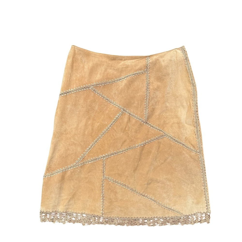 Vintage‎ Tan Suede Patchwork Skirt Crochet Lace Trim Boho Western Leather 44/18